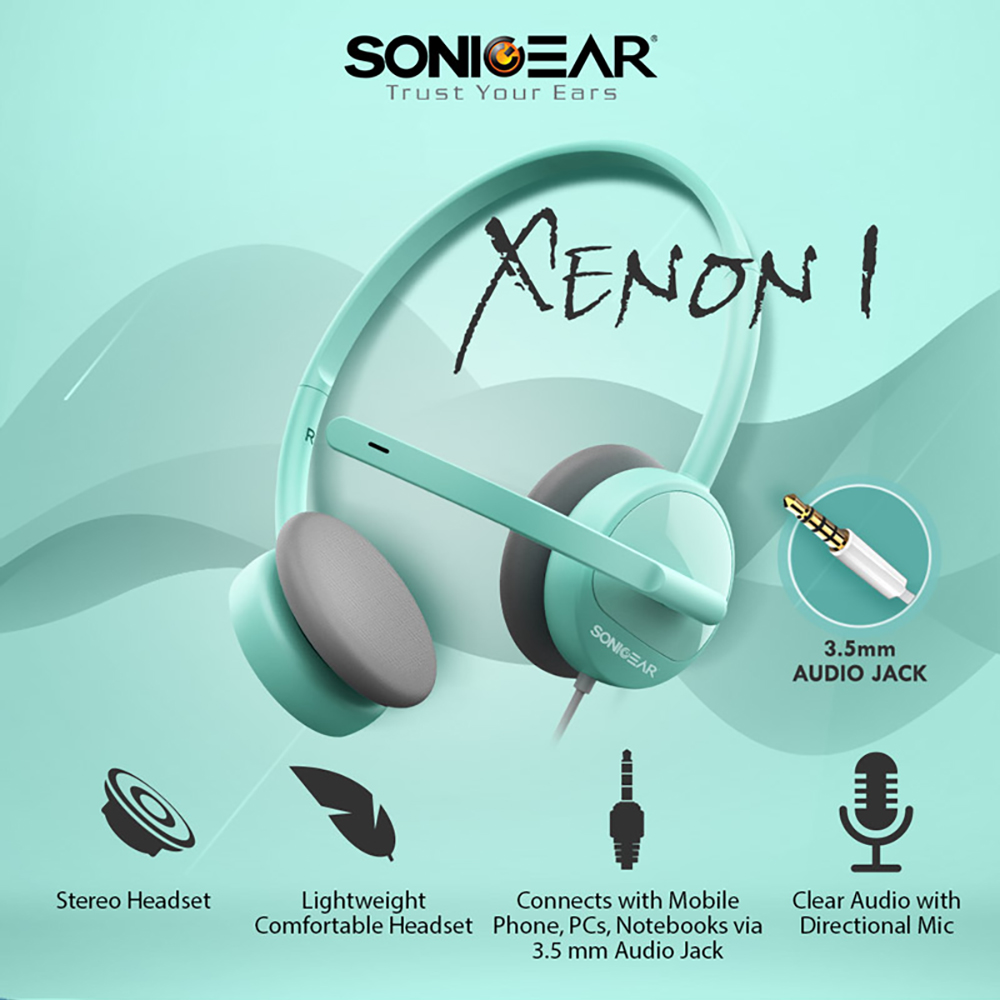 SonicGear Xenon 1 Stereo Headphones with Mic For Smartphones and Tablets - Mint