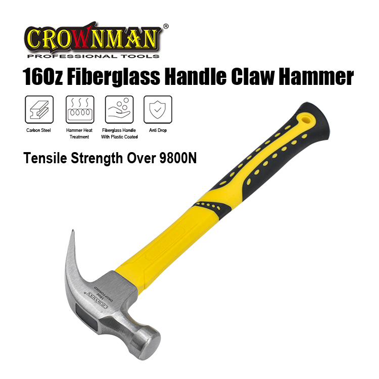 Crownman 16OZ Claw Hammer Fiber Glass &amp; Plastic Coating Handle