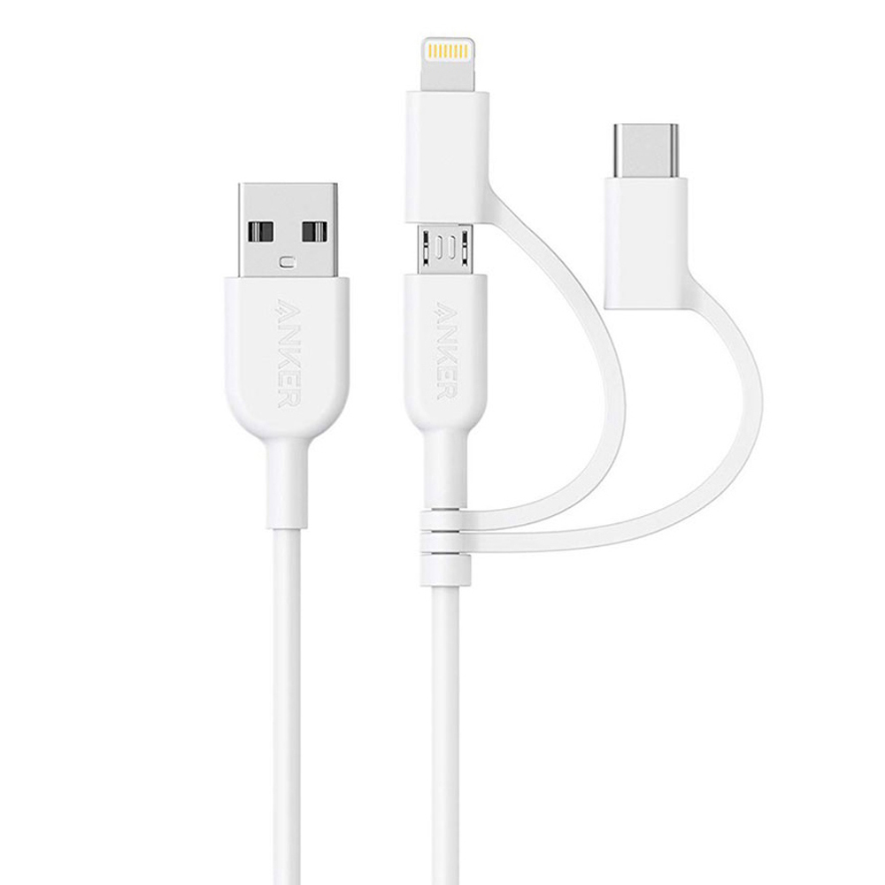 Anker A8436 PowerLine II 3ft 3-in-1 Lightning/Type-C/Micro Connector Cable - White (0.9M)