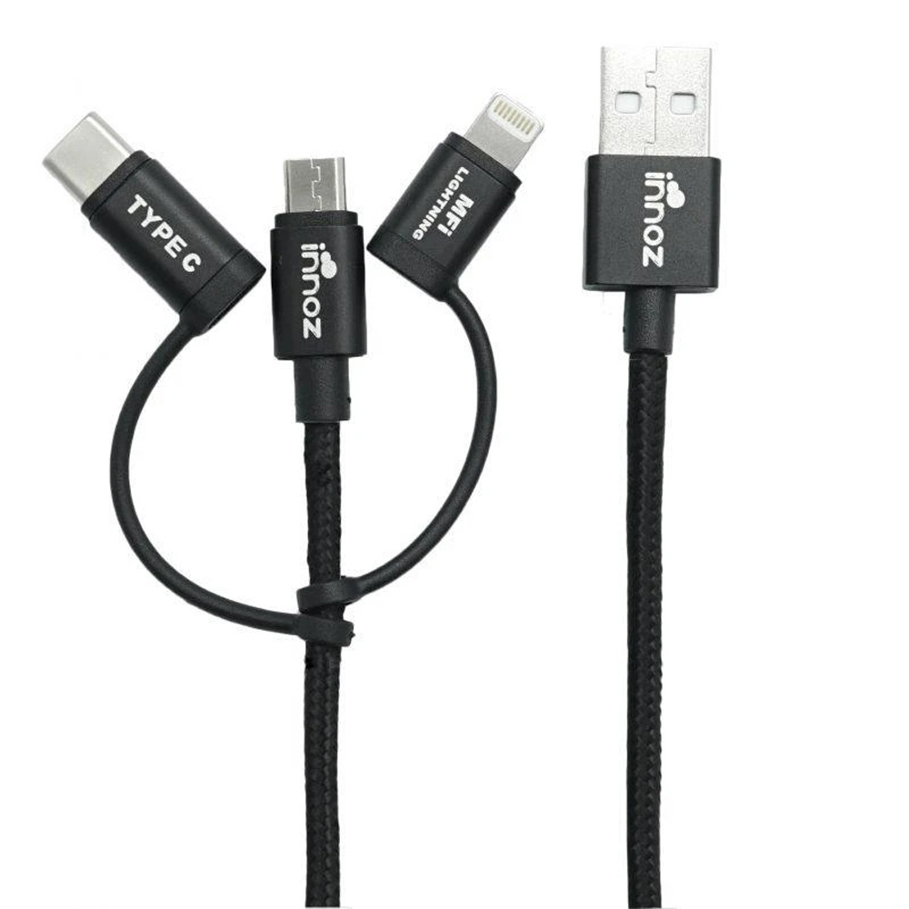 Innoz InnoLink 3-in-1 Nylon Cable - Black (1m) - MFI Certified InnoLink Charging/Transfer Cable - Type-C, Micro USB, Lightning - Nylon Braided, Aluminium Shell