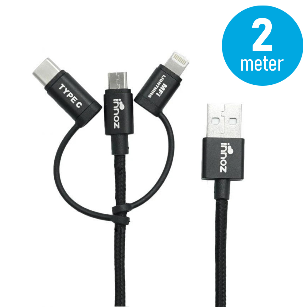 Innoz InnoLink 3-in-1 Nylon Cable - Black (2m) - MFI Certified InnoLink Charging/Transfer Cable - Type-C, Micro USB, Lightning - Nylon Braided, Aluminium Shell