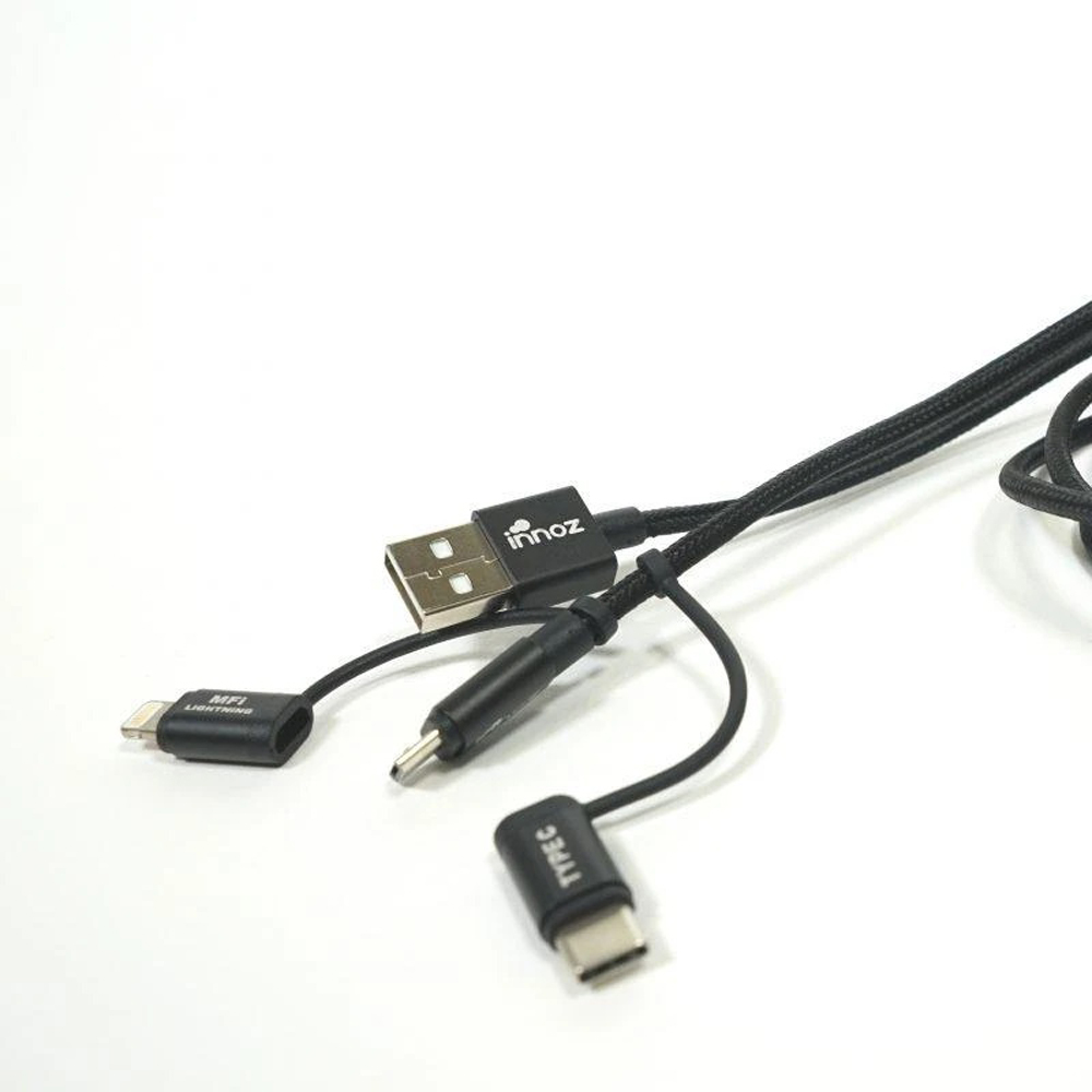 Innoz InnoLink 3-in-1 Nylon Cable - Black (2m) - MFI Certified InnoLink Charging/Transfer Cable - Type-C, Micro USB, Lightning - Nylon Braided, Aluminium Shell