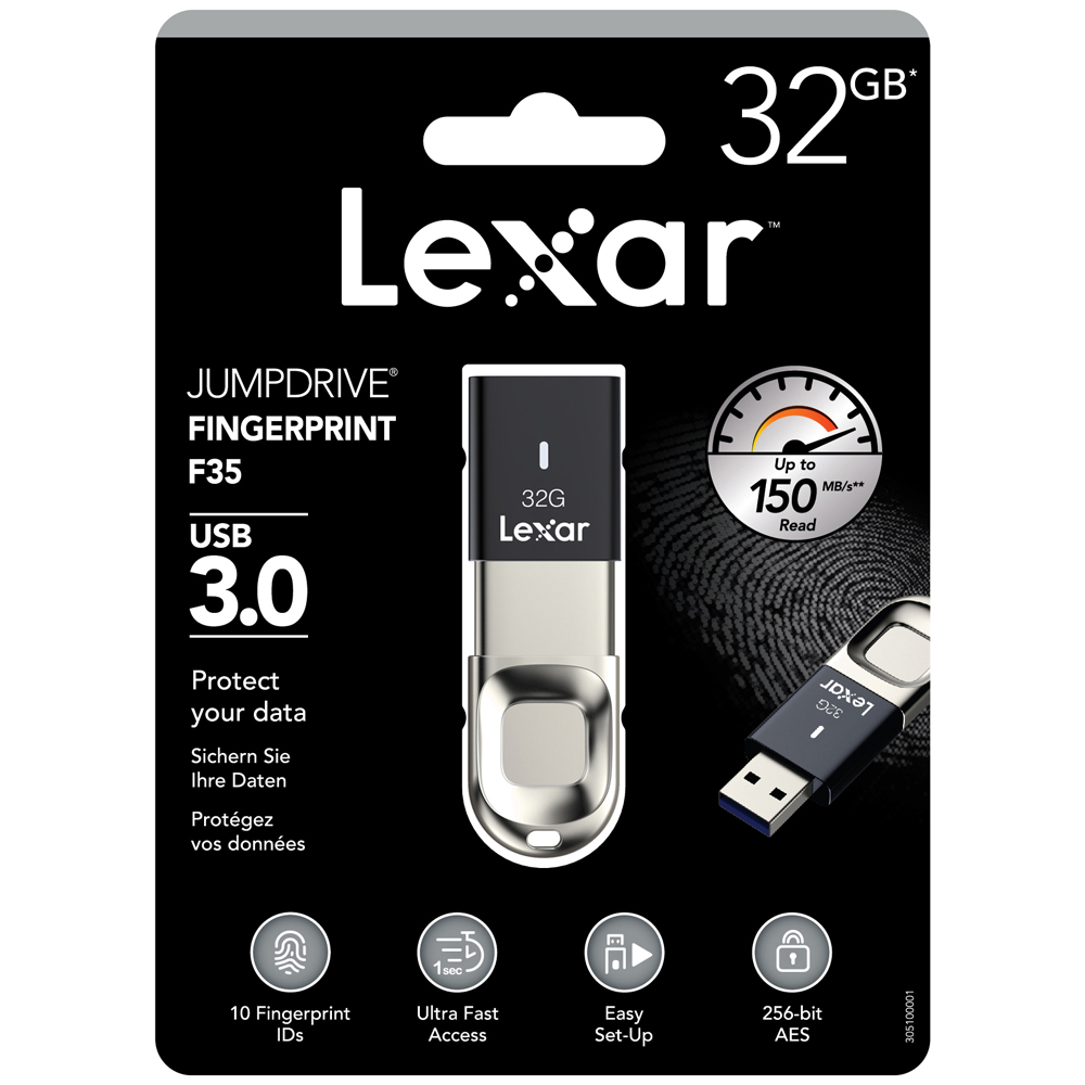 Lexar F35 Jumpdrive 32GB Fingerprint USB 3.0 Flash Drive (up to 150MB/s read)