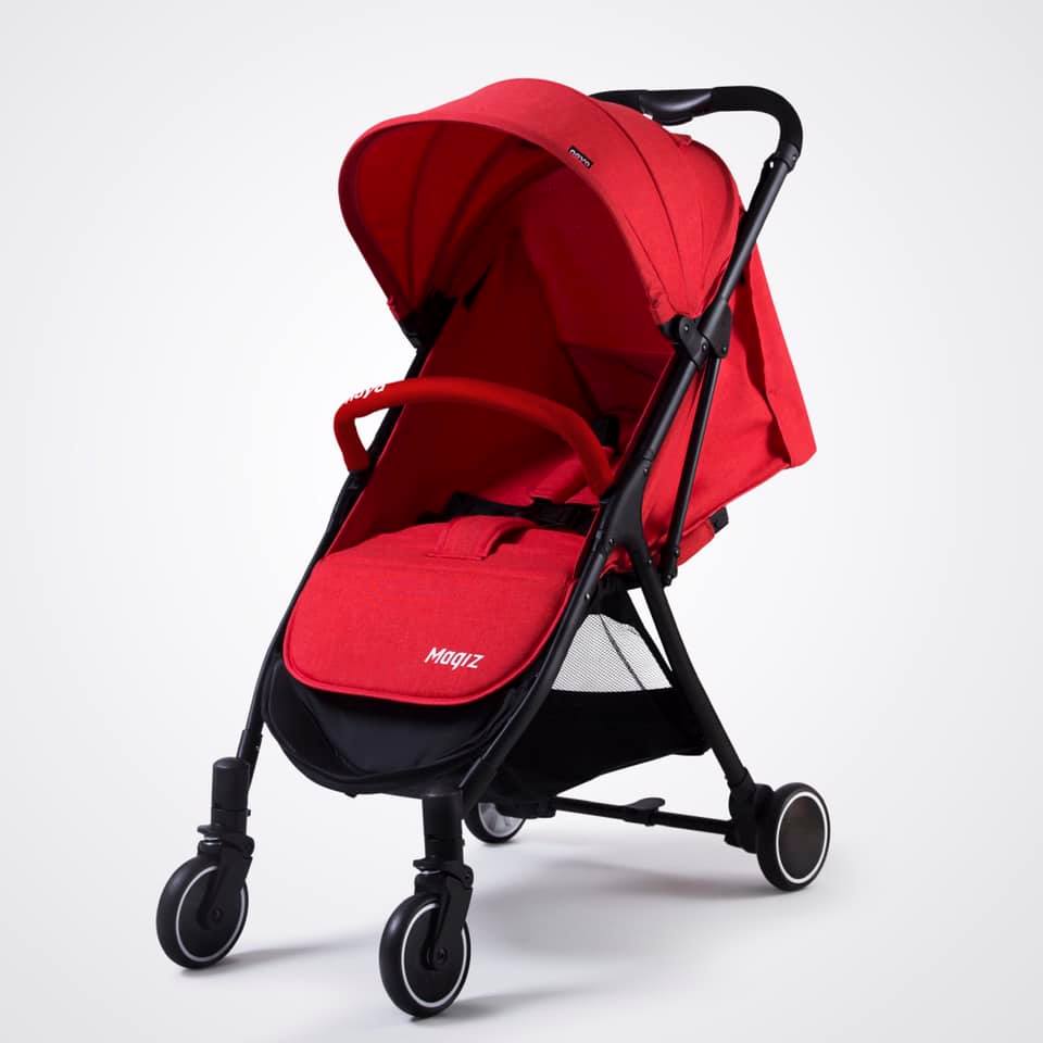 Naya Magiz Baby Stroller (Red) - One Click Magic Fold, Lightweight 5.9kg, Flat Recline, Mesh Window, Travel Cabin Size Stroller