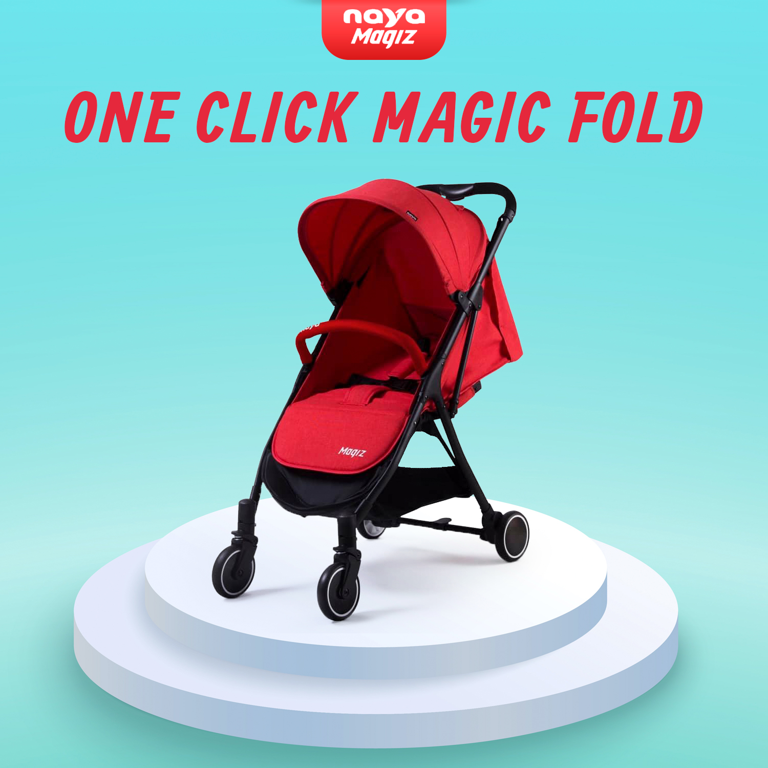 Naya Magiz Baby Stroller (Red) - One Click Magic Fold, Lightweight 5.9kg, Flat Recline, Mesh Window, Travel Cabin Size Stroller